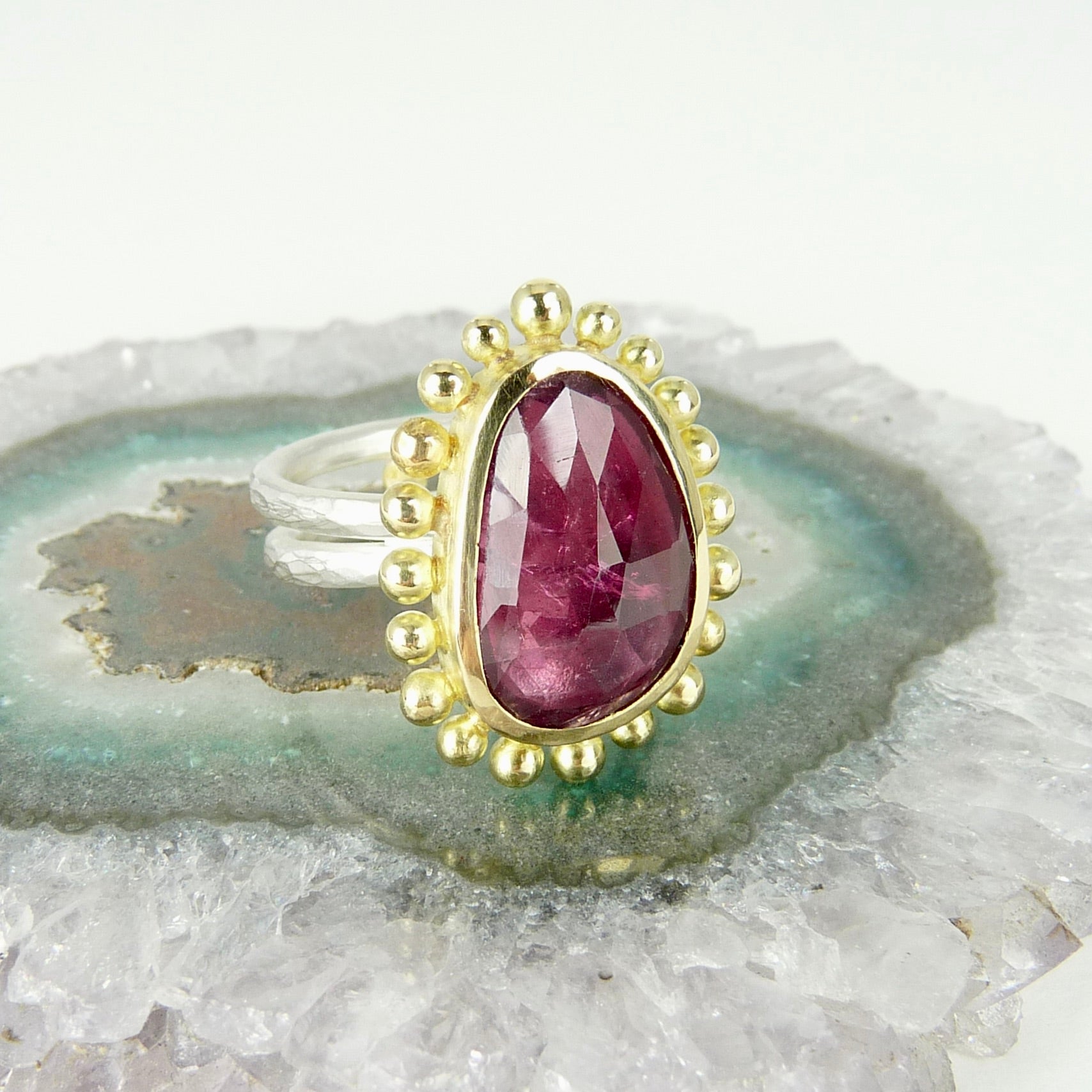 gold silver pink tourmaline ring