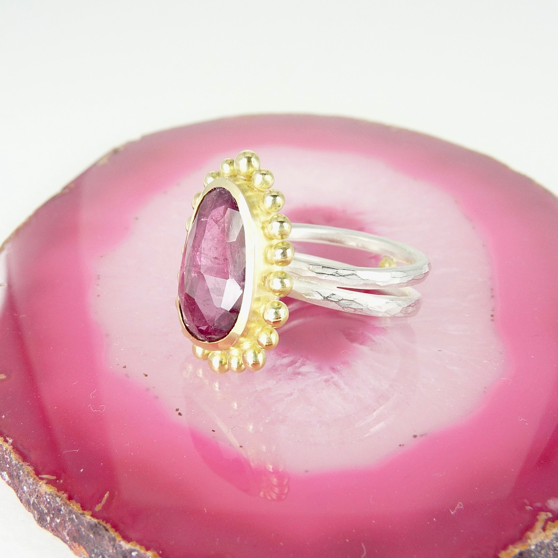 gold silver pink tourmaline ring