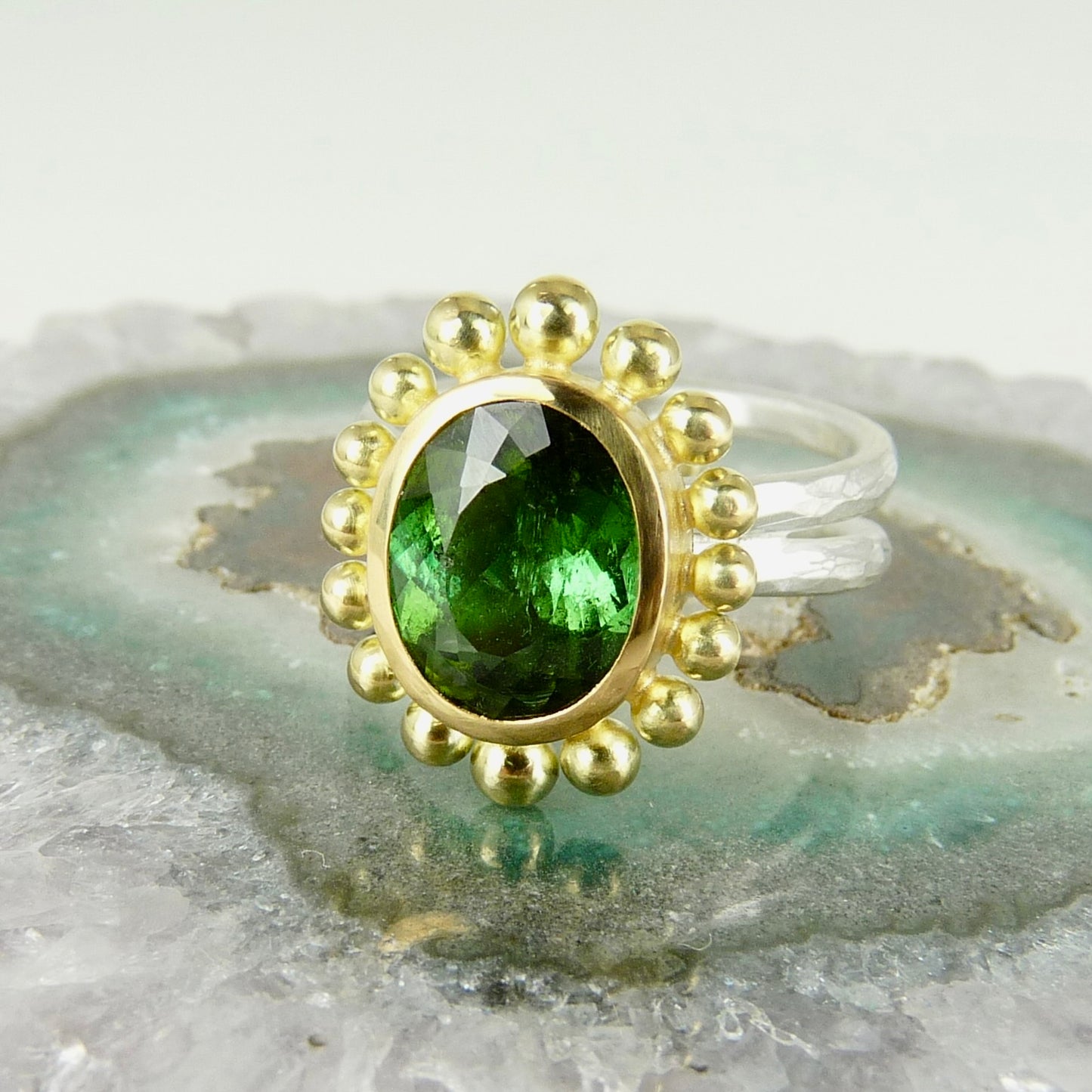 18ct Gold & Silver Green Tourmaline Courtesan Ring