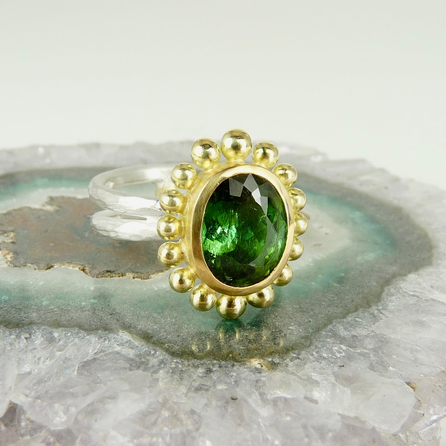 18ct Gold & Silver Green Tourmaline Courtesan Ring