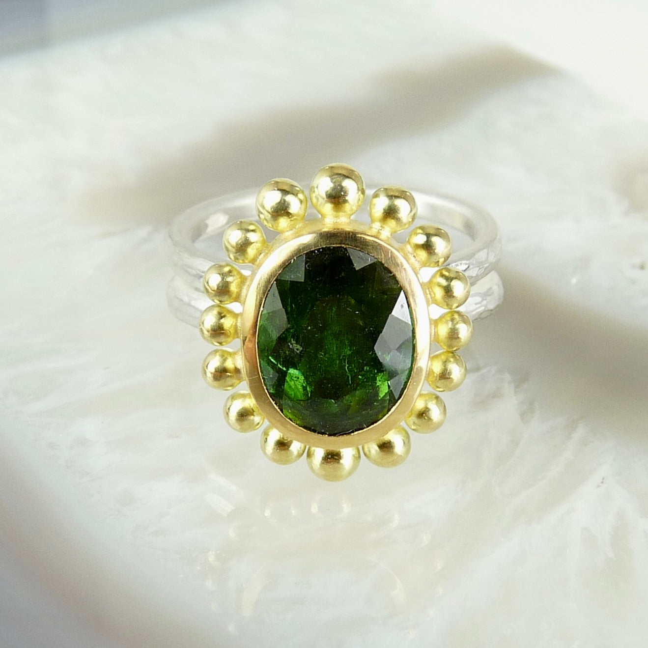 18ct Gold & Silver Green Tourmaline Courtesan Ring