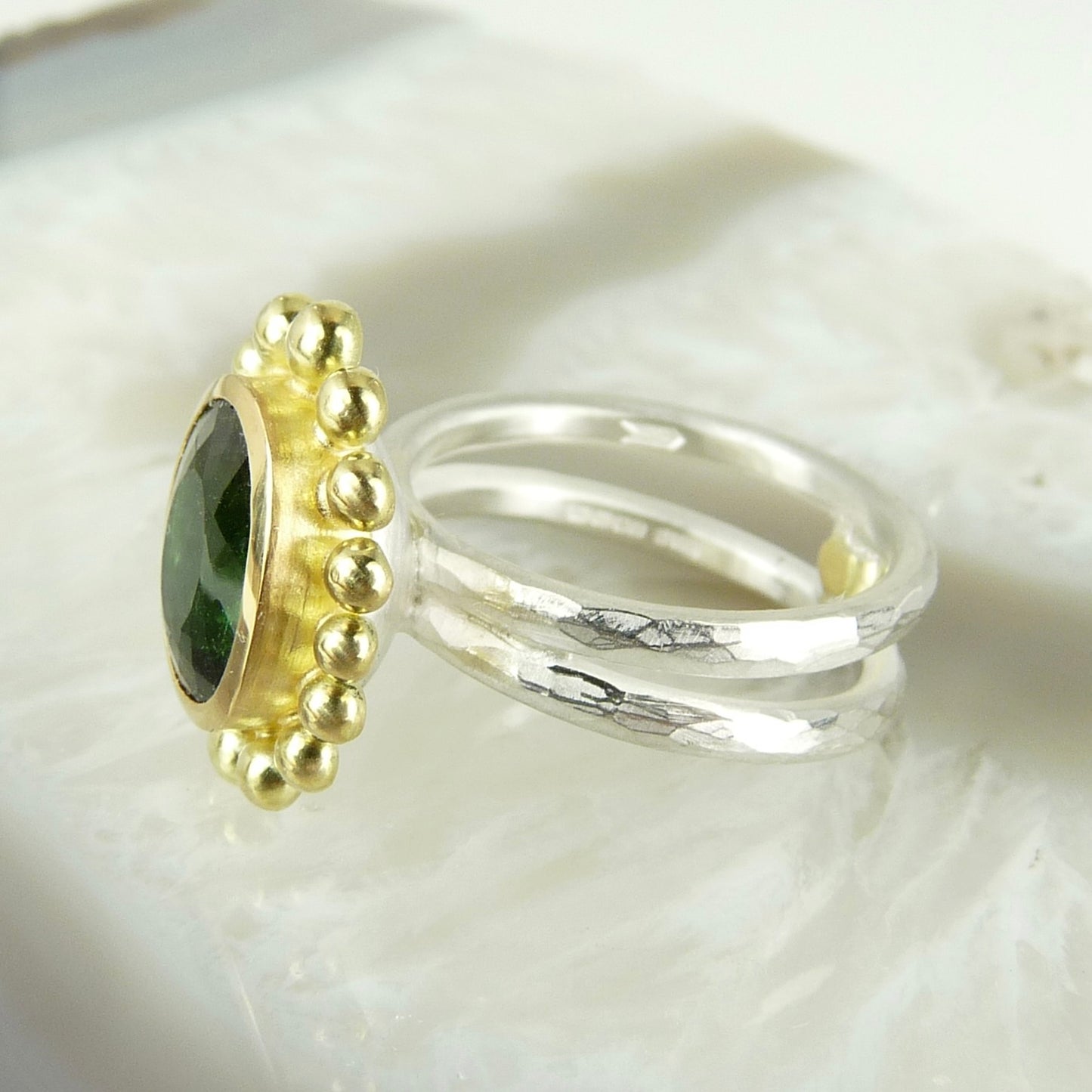 18ct Gold & Silver Green Tourmaline Courtesan Ring