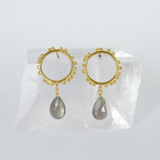 Small Granulations Circle Studs With Gemstone Drop