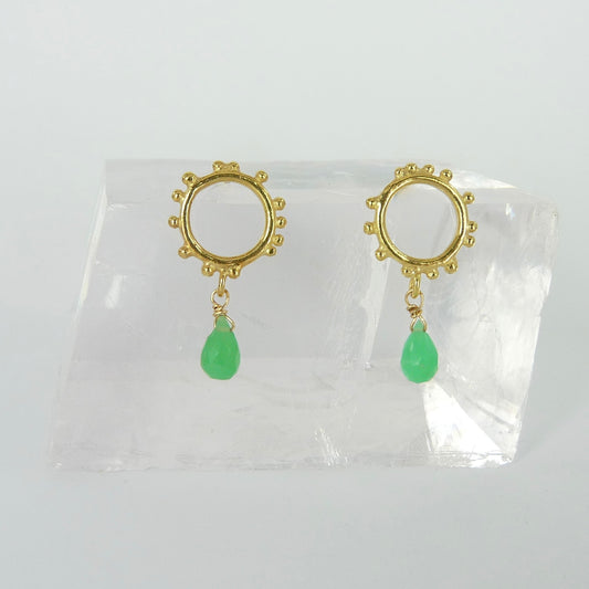 Tiny Granulation Circle Studs With Gemstone Drop