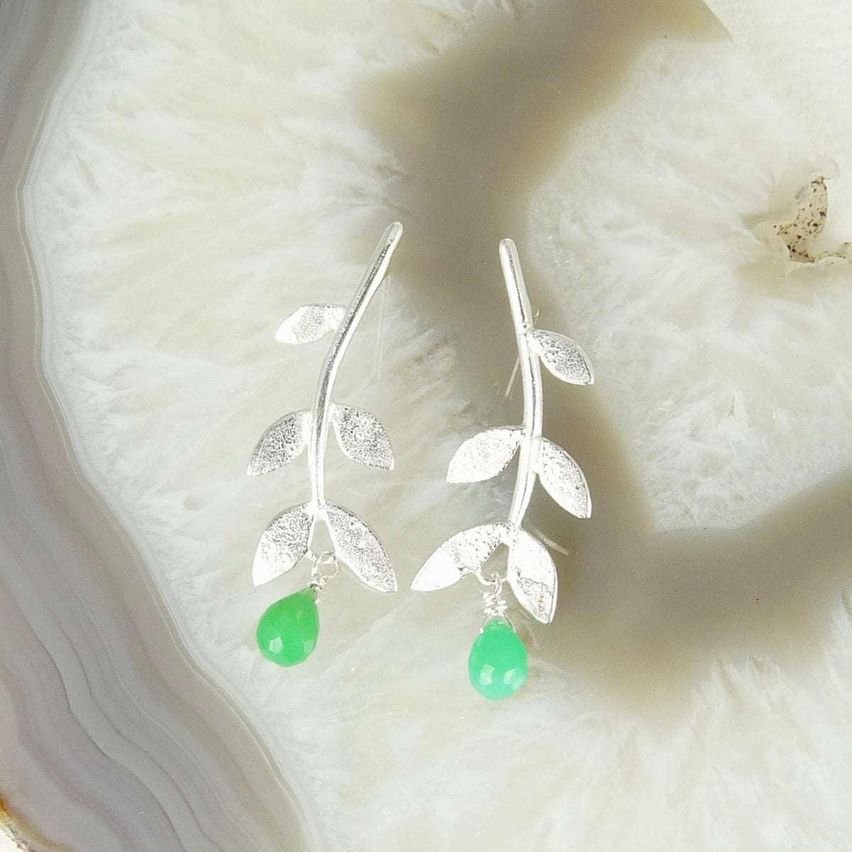 Sally Leaf Earrings with Gemstone Drop
