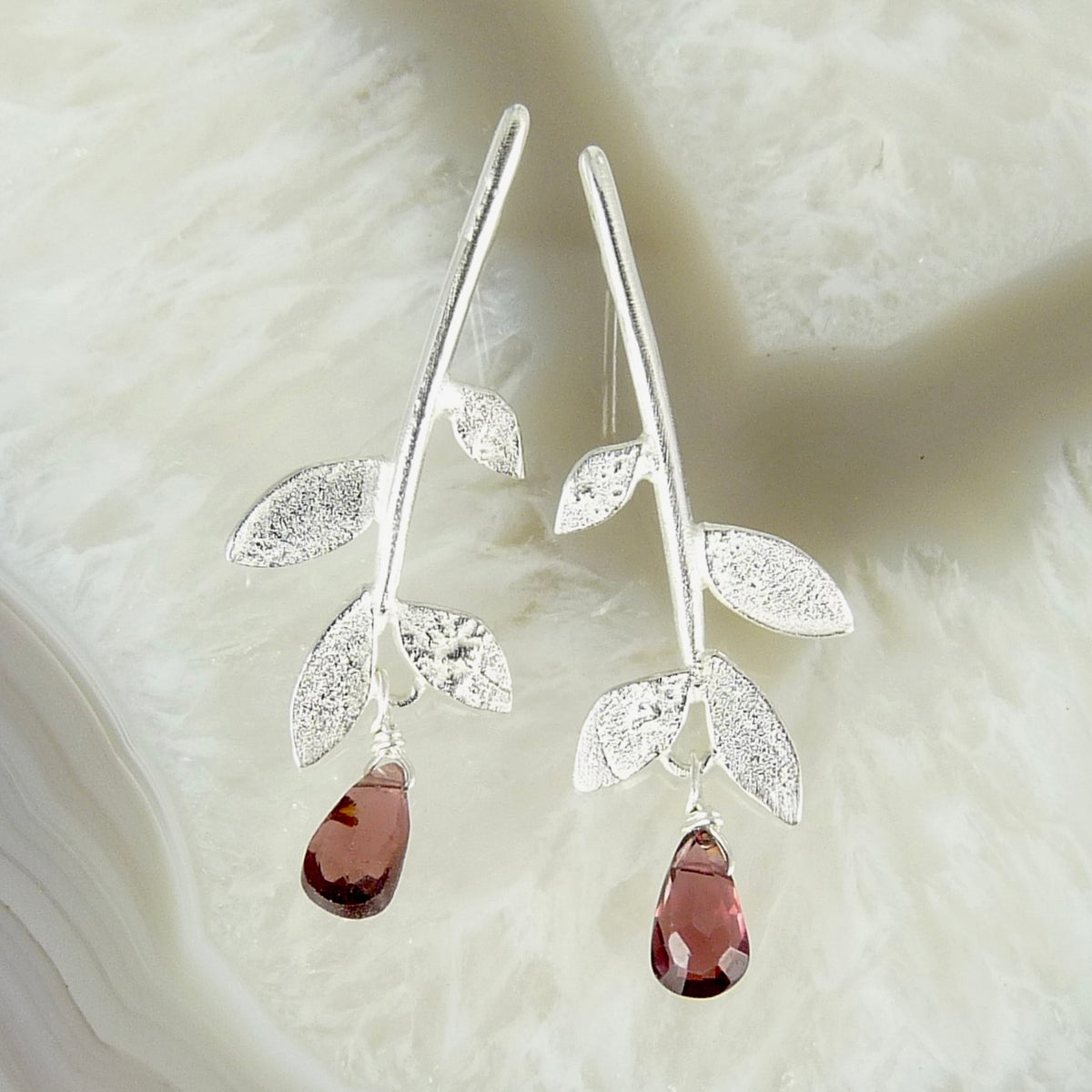 Lila Leaf Stud Earrings with Gemstone Drop