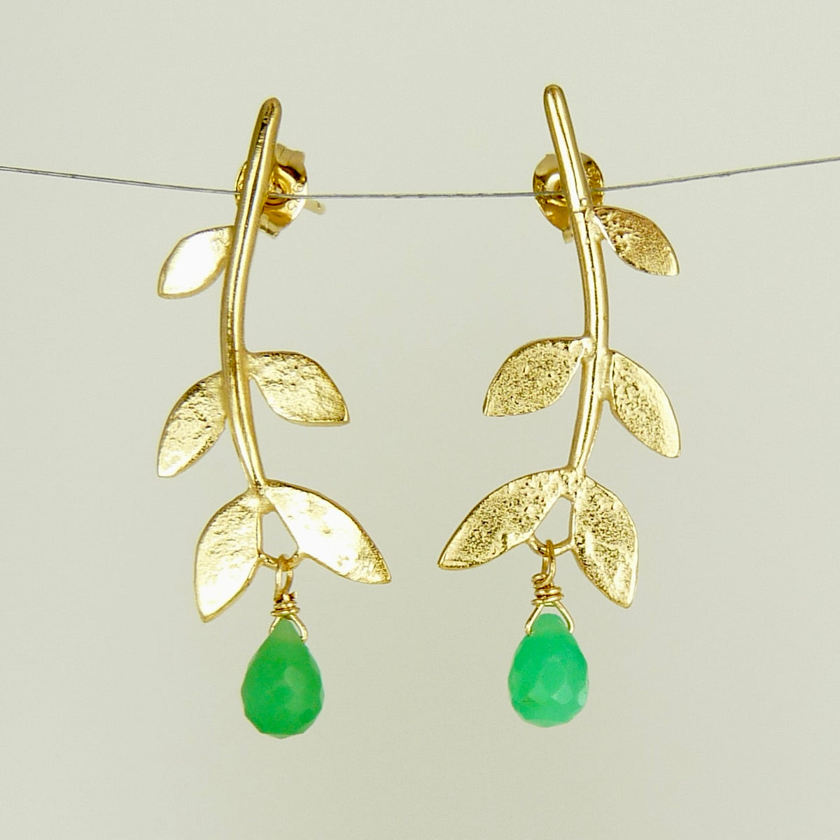 Sally Leaf Earrings with Gemstone Drop