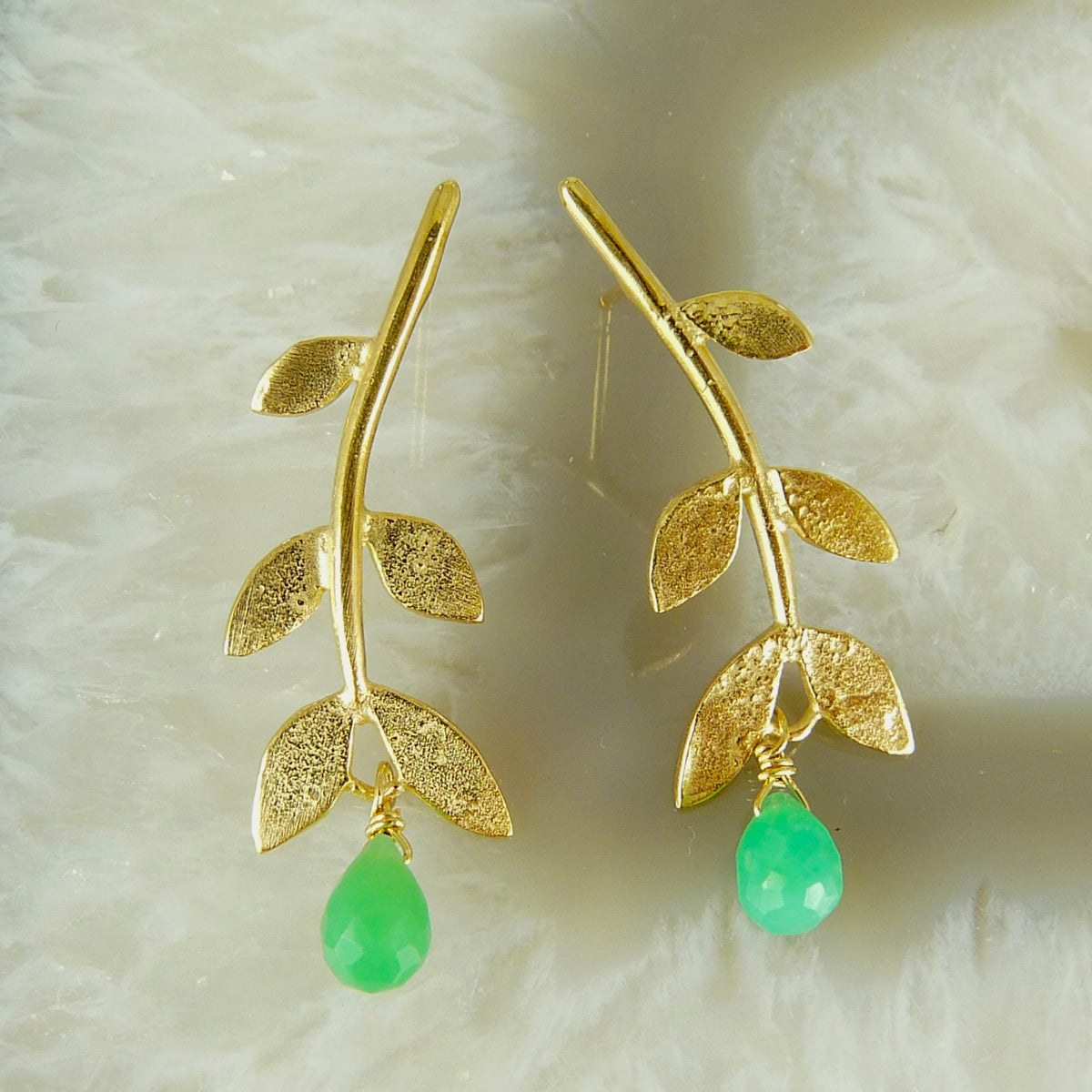 Sally Leaf Earrings with Gemstone Drop