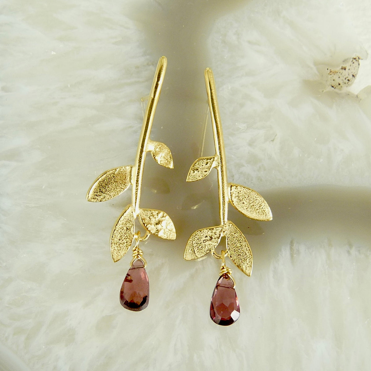 Lila Leaf Stud Earrings with Gemstone Drop