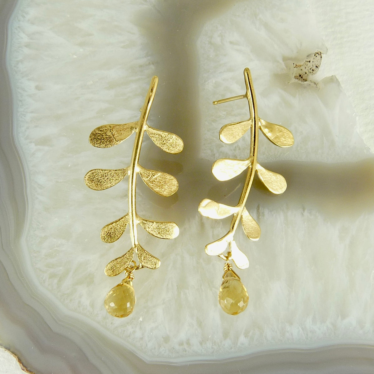 Evie Leaf Earrings with Gemstone Drop