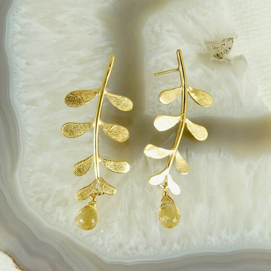 Evie Leaf Earrings with Gemstone Drop