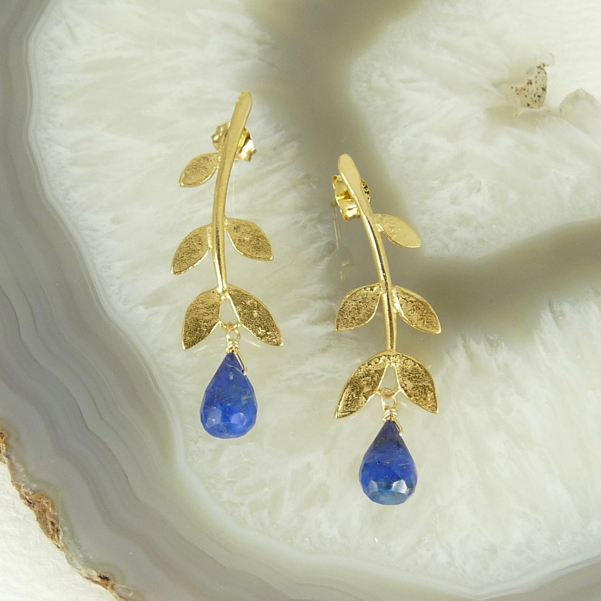 Sally Leaf Earrings with Gemstone Drop