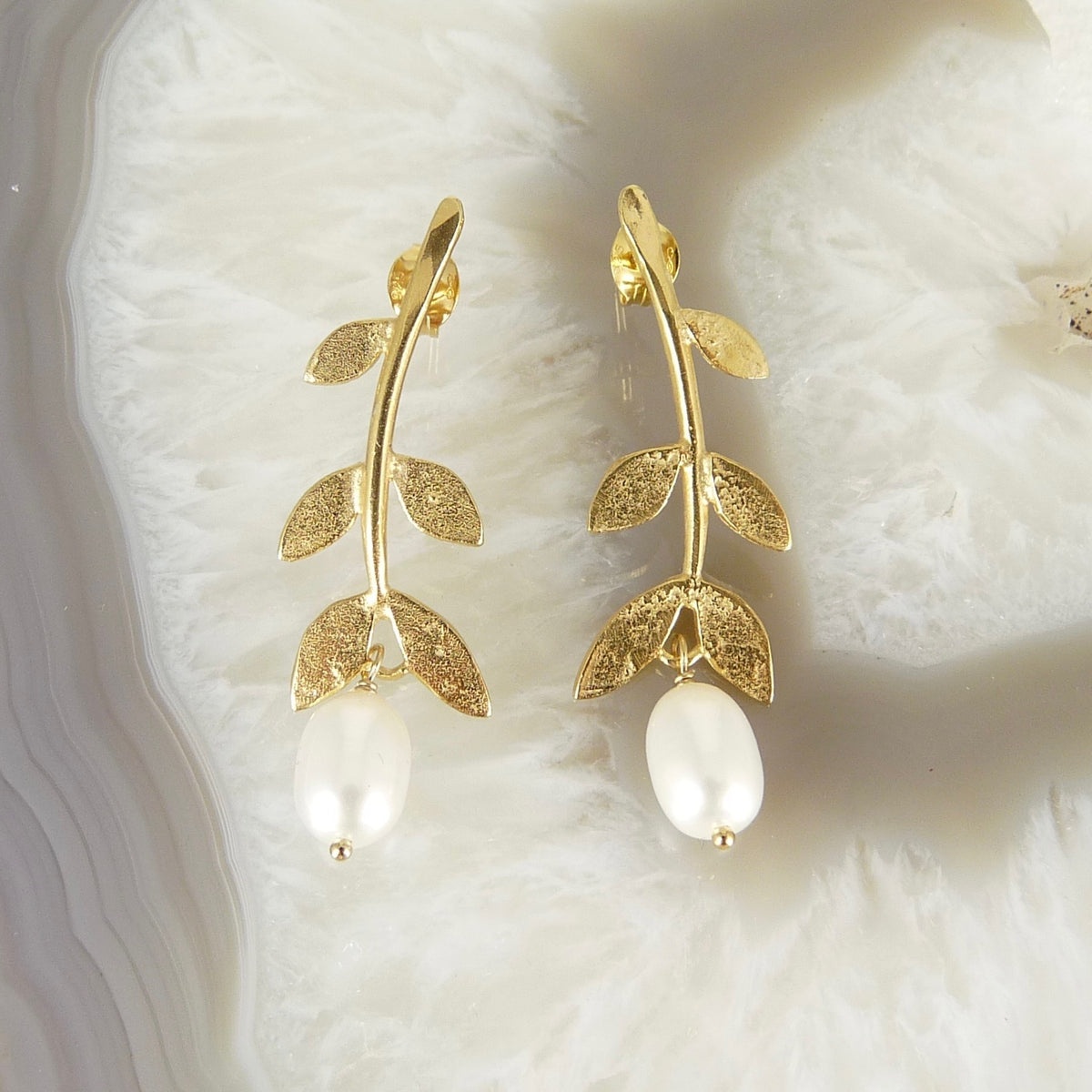 Sally Leaf Earrings with Gemstone Drop