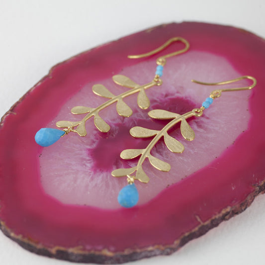 Gold Plated Evie Leaf earrings with gemstone drops