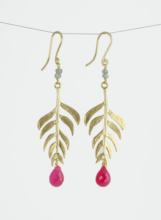 Kiki Long Leaf Gemstone earrings Gold Plated