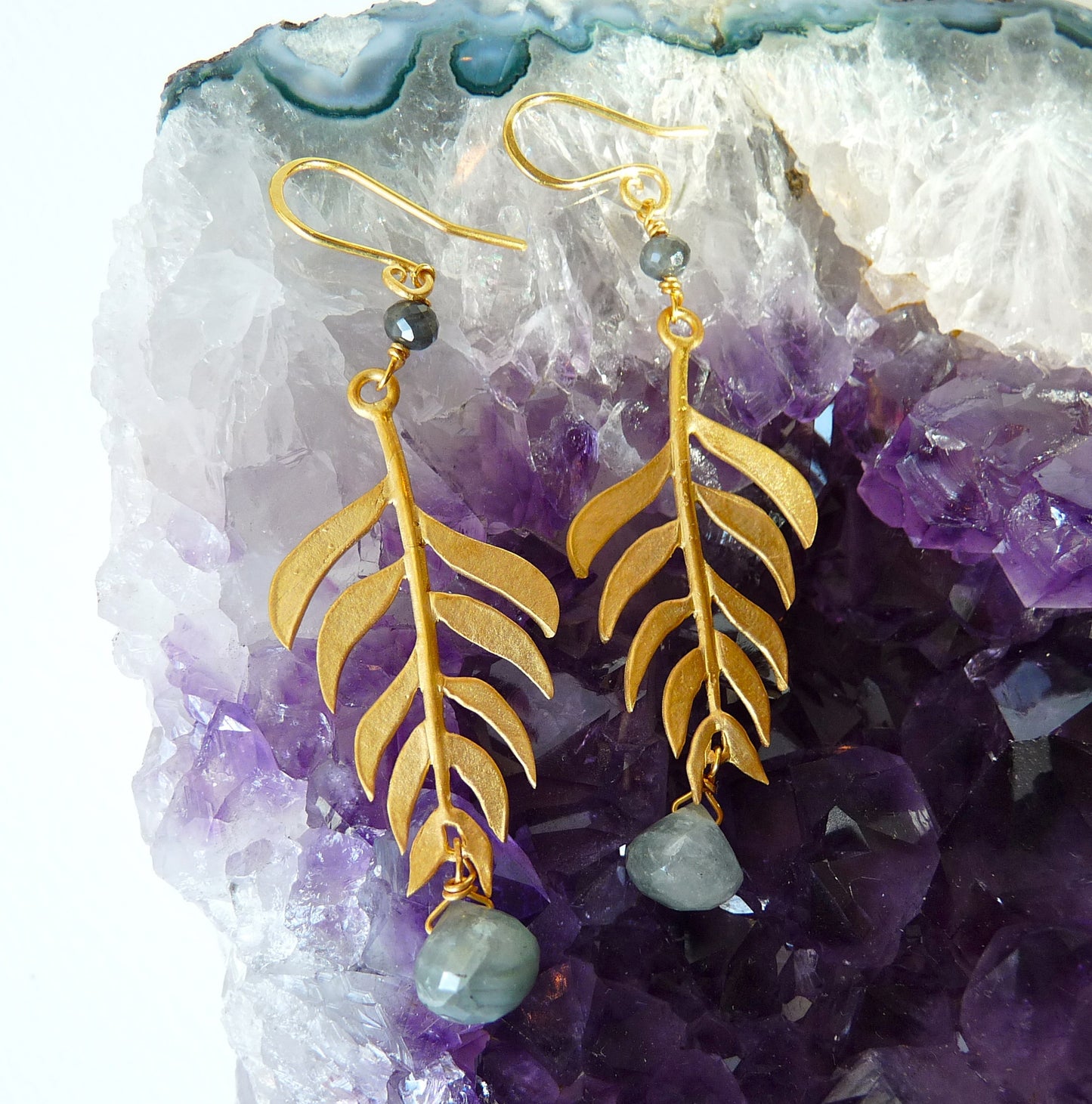 Gold Plated Kiki Leaf Hook Earrings in with Gemstones