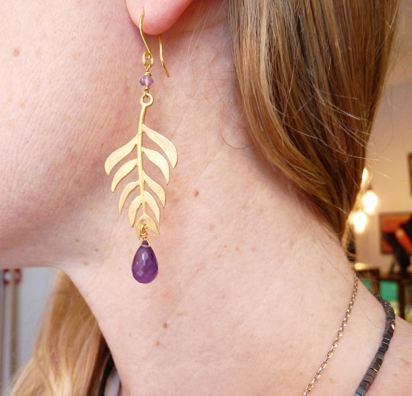 Gold Plated Kiki Leaf Hook Earrings in with Gemstones