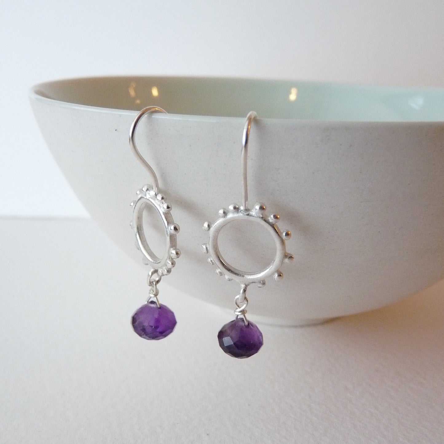 Small Silver Granulation Hooks With Gemstone Drop