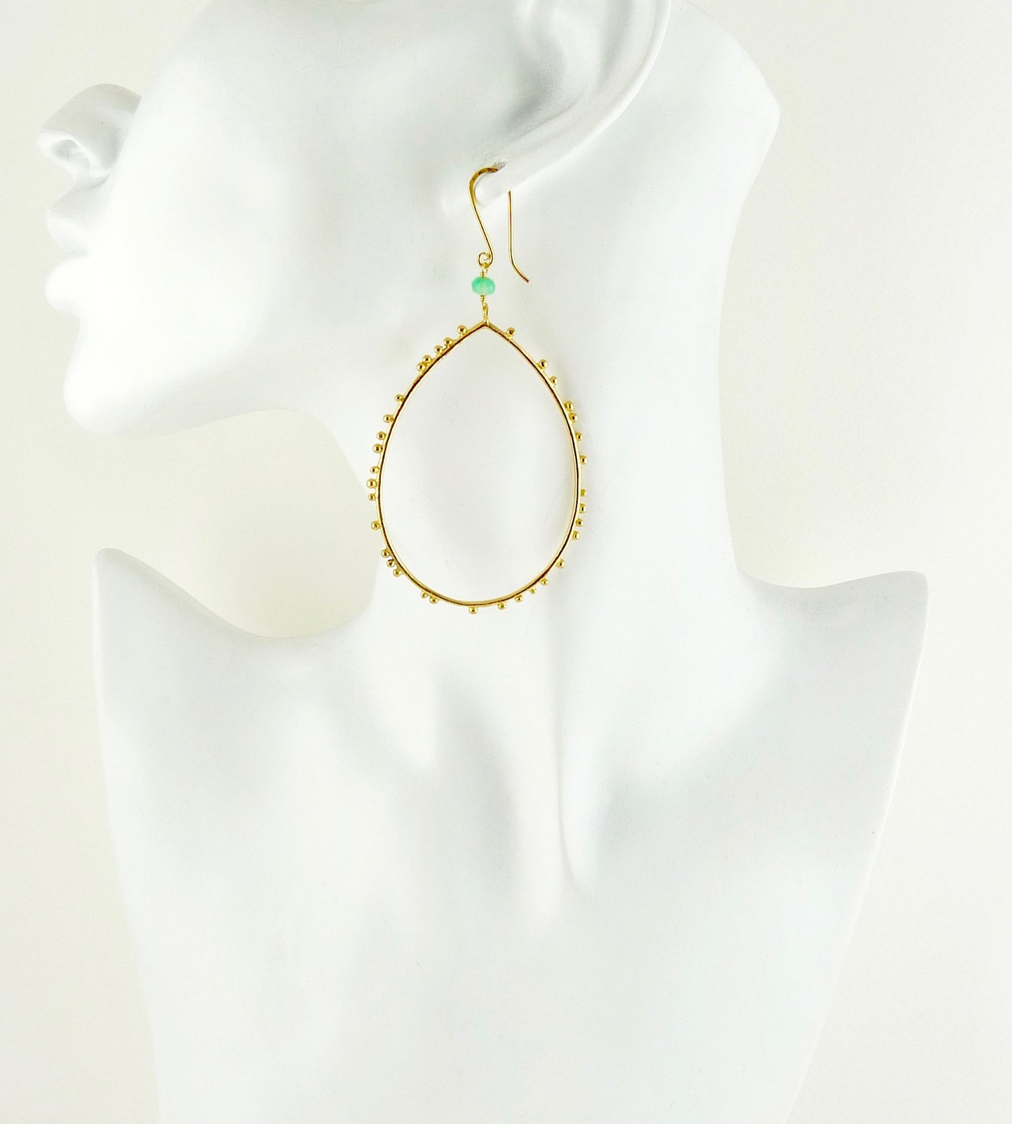 Gold plated Granulation drop earrings with Chrysoprase