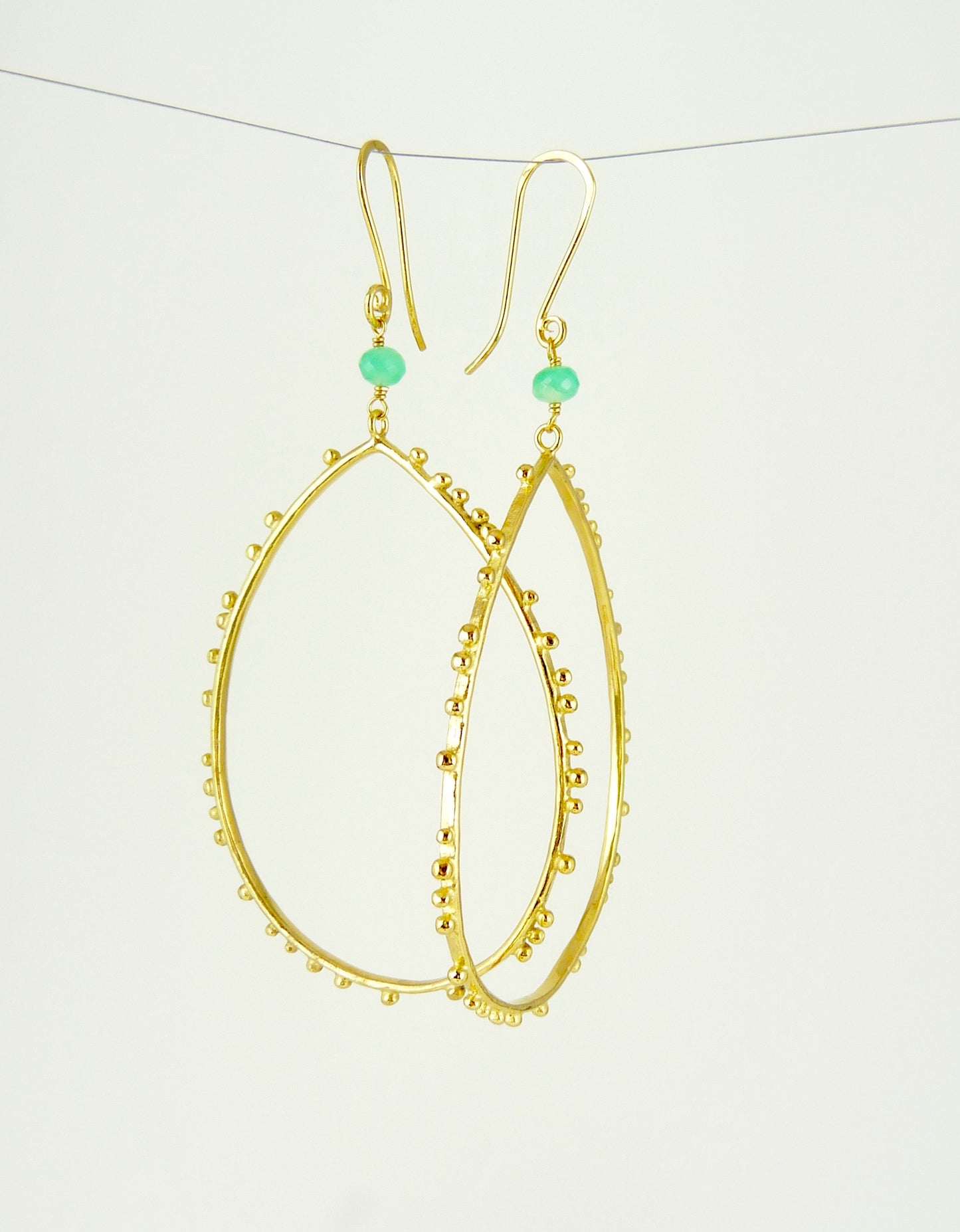 Gold plated Granulation drop earrings with Chrysoprase