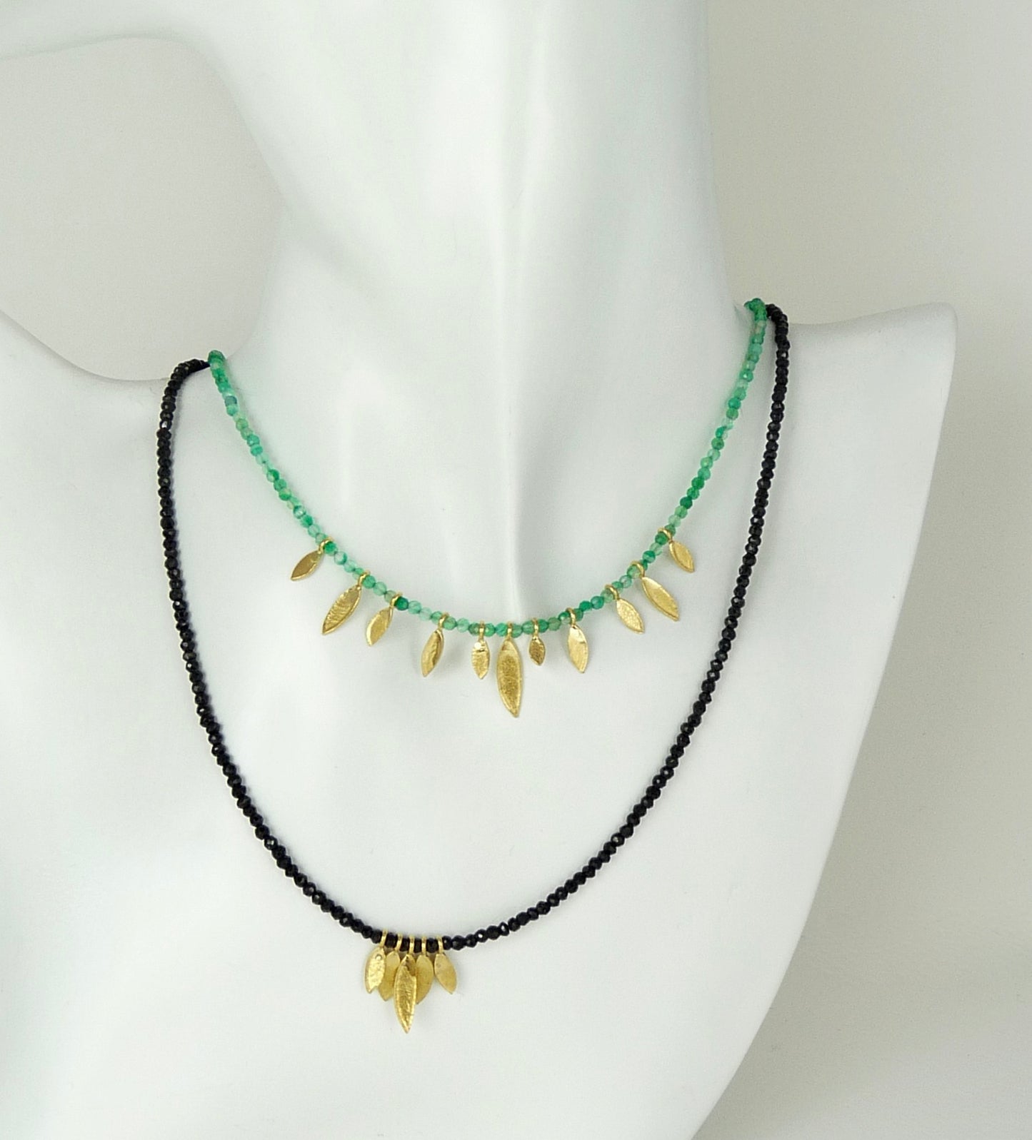 Black Spinel and Gold Leaves Necklace