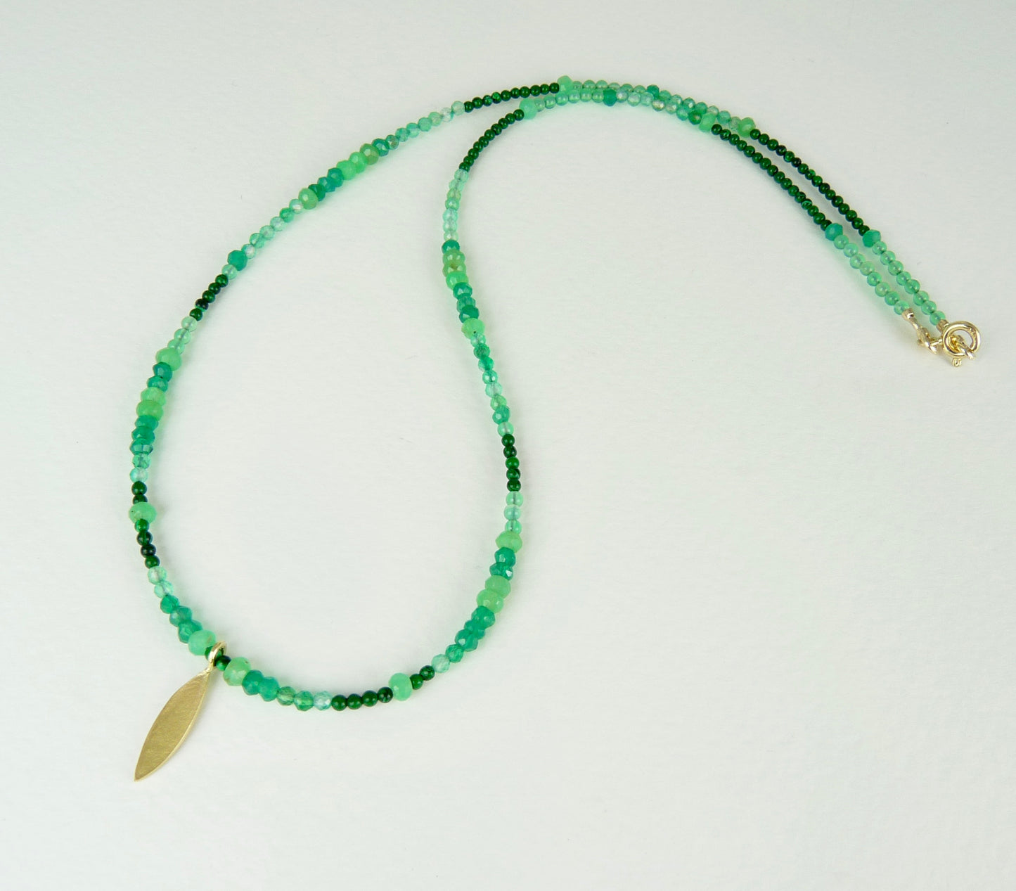 Green Gemstone Necklace with 18ct Gold Leaf Charm