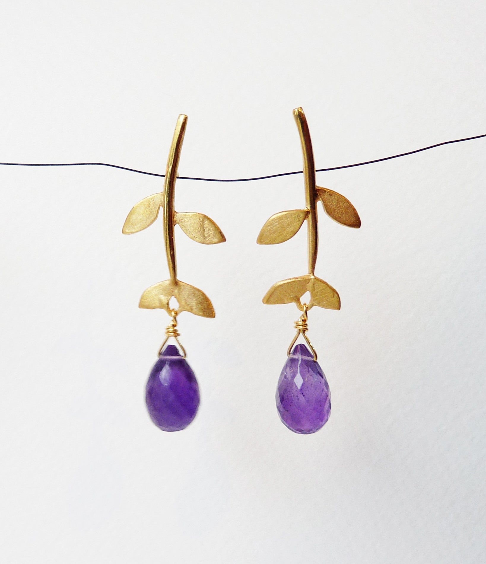 Blossoming, branch, jewellery, jewelry, earrings, studs, sterling, silver, 18ct, gold, nature, natural, amethyst, smoky, quartz