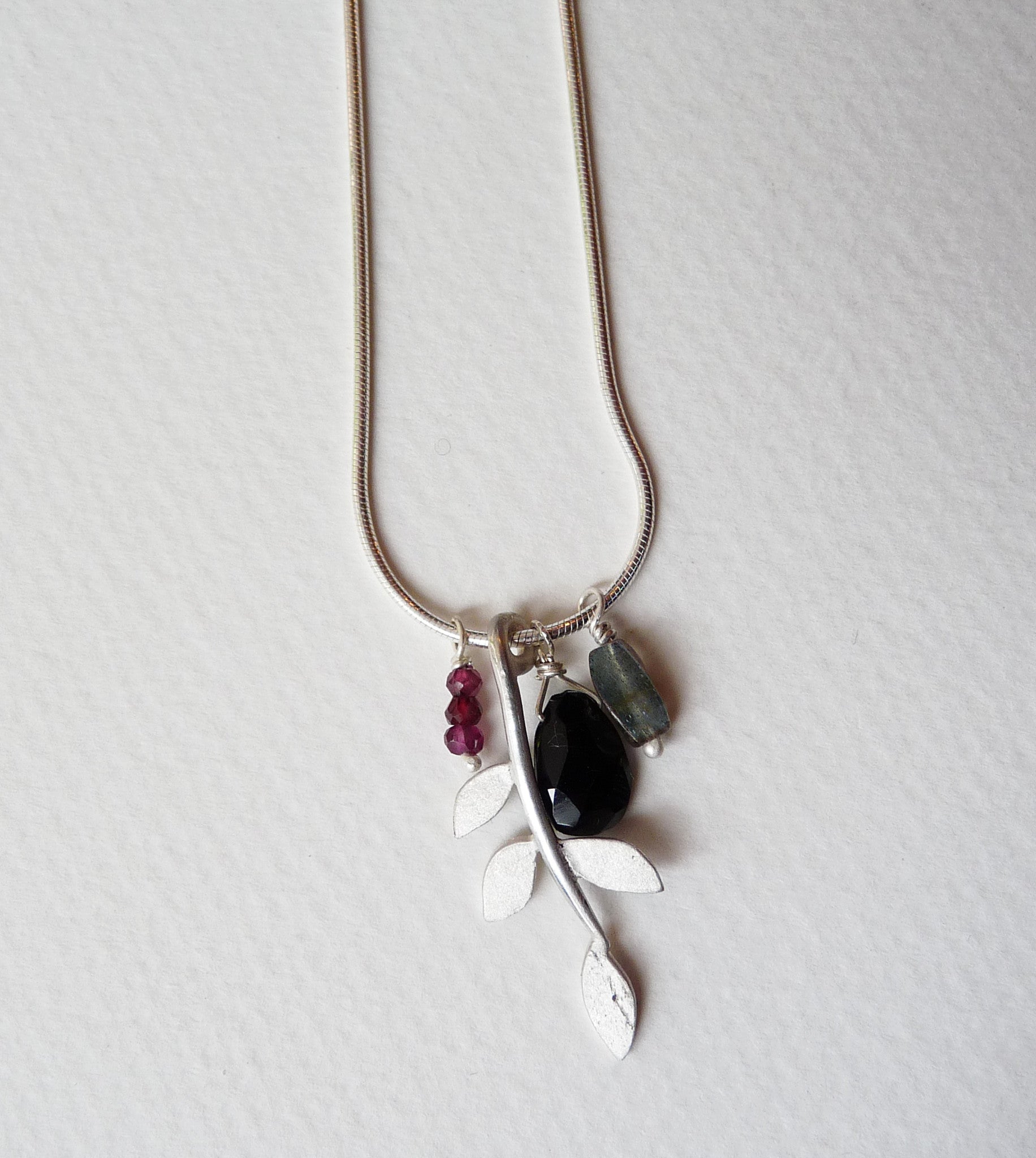 blossoming, branch, sterling, silver, necklace, handmade, jewellery, jewelry, leaf, leaves, bridesmaid, cluster, black, spinel, garnet, labradorite, pearl, turquoise