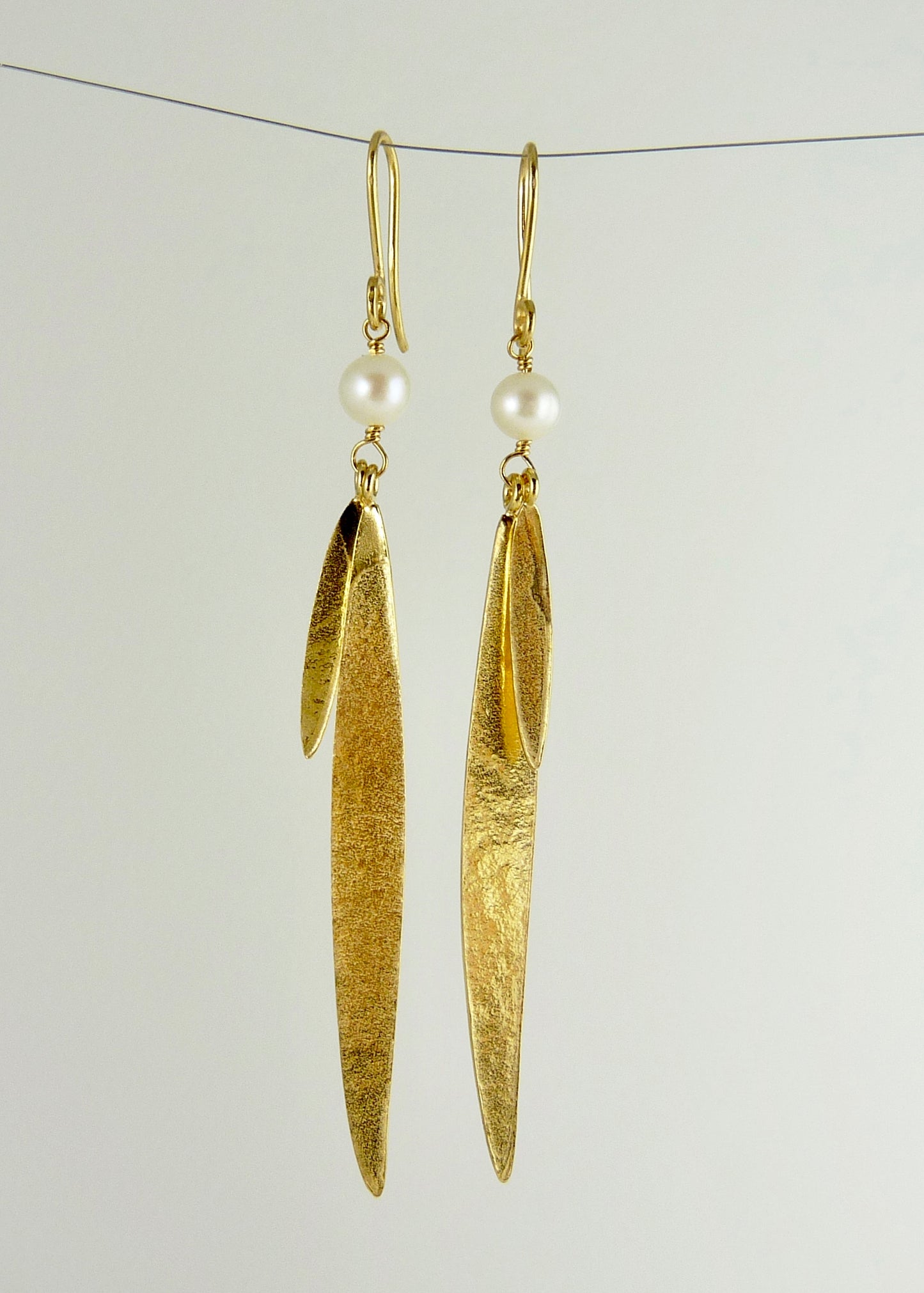 Lily Long Double Leaf Earrings with Fresh Water Pearls