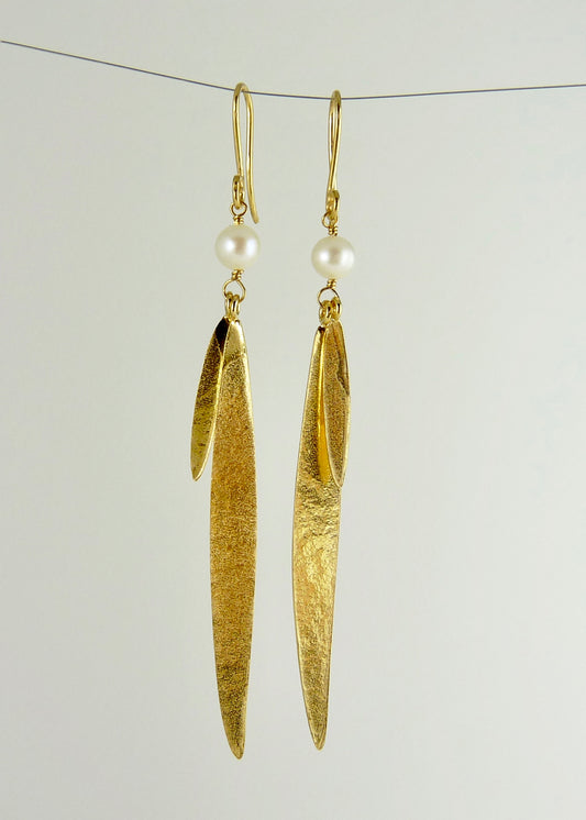 Lily Long Double Leaf Earrings with Fresh Water Pearls