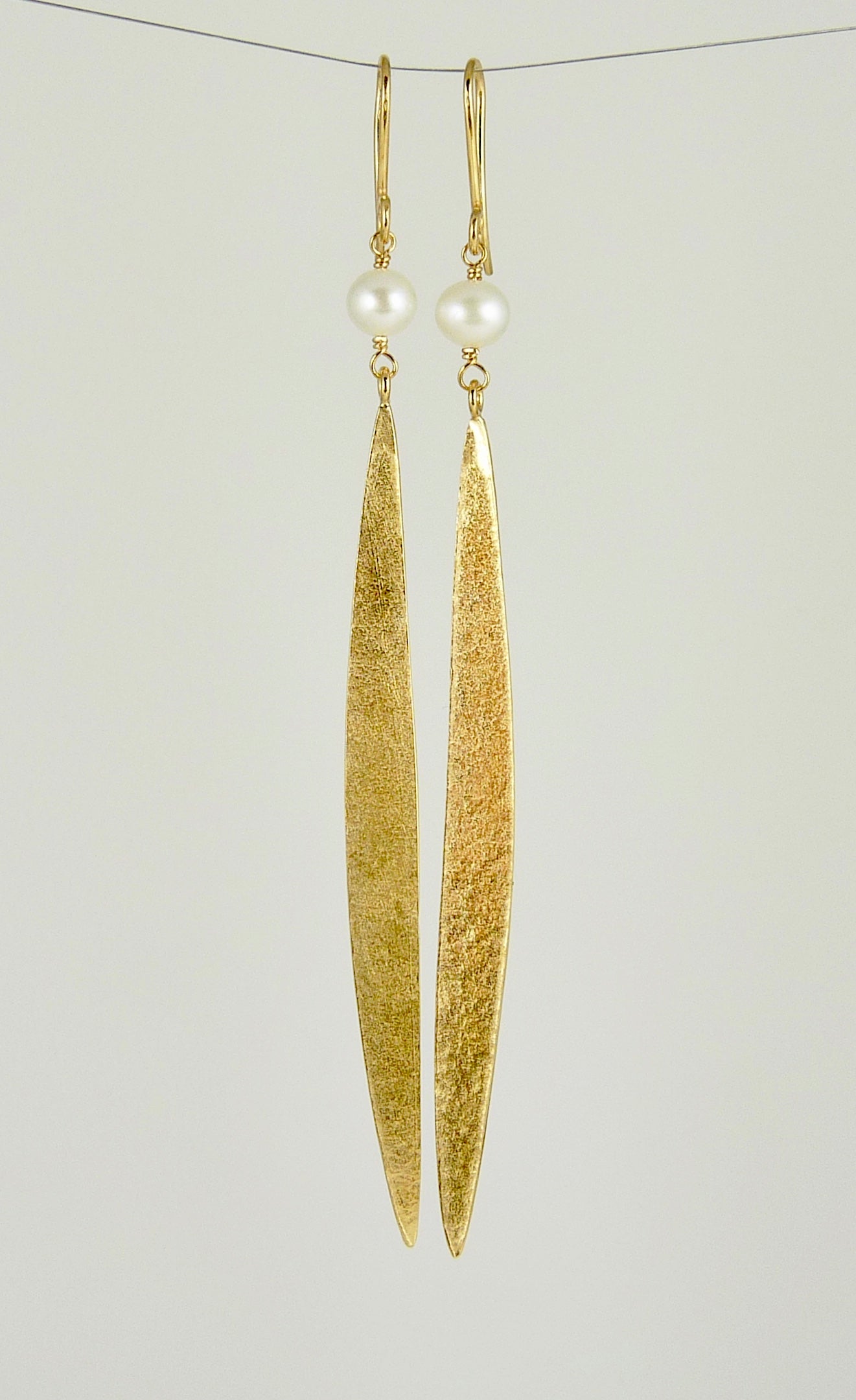Lily Long Single Leaf Earrings with Fresh Water Pearls