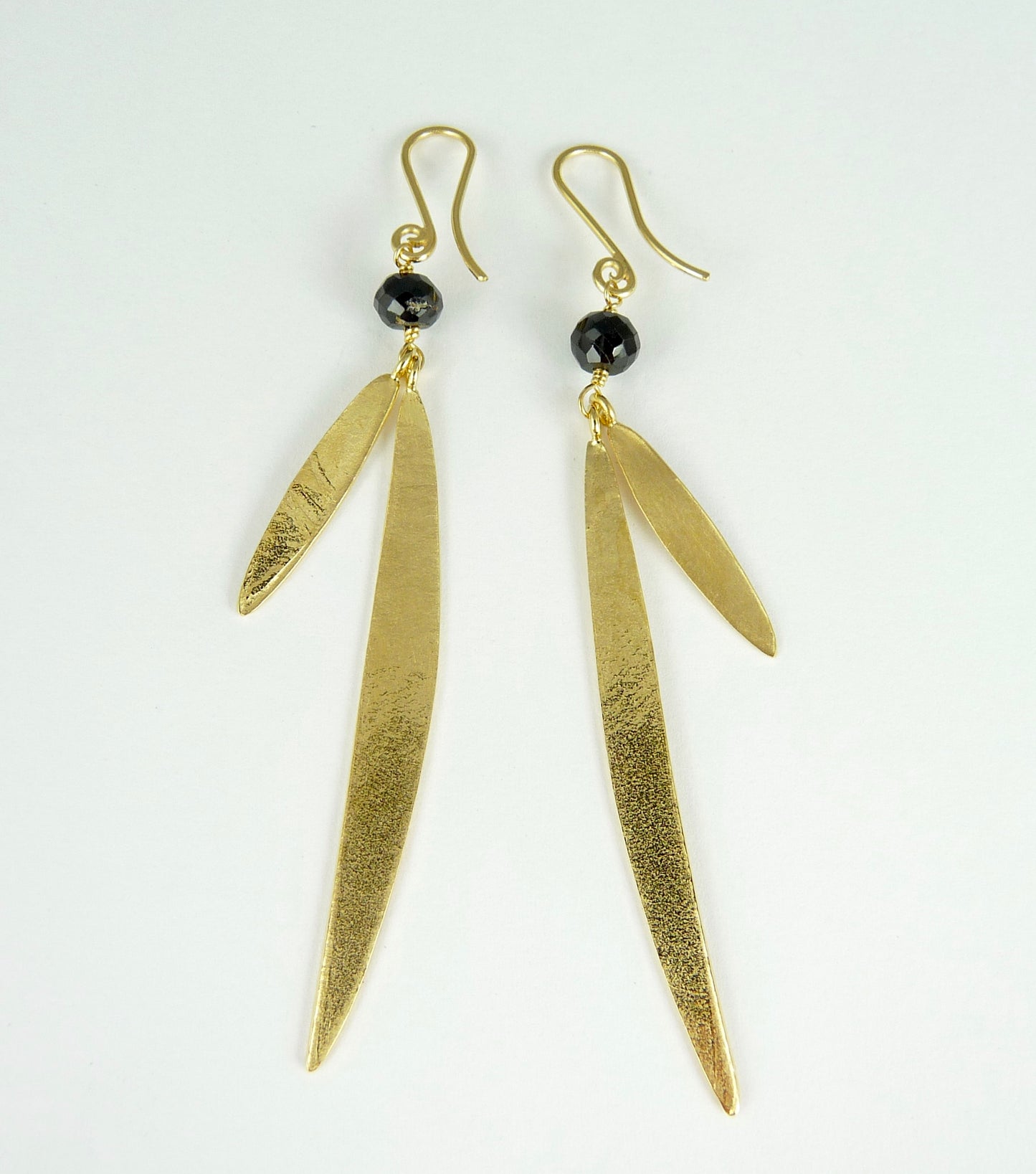 Lily Long Double Leaf Earrings with Black Spinel