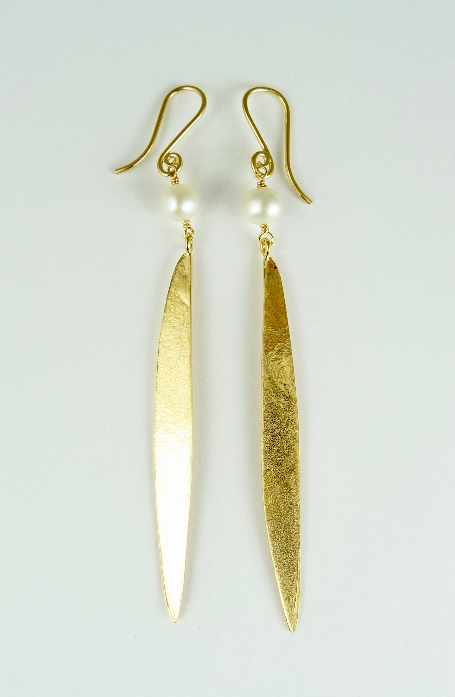 Lily Long Single Leaf Earrings with Fresh Water Pearls