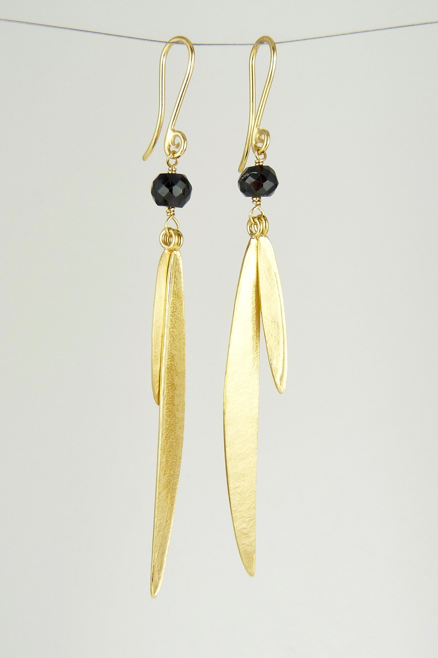 Lily Long Double Leaf Earrings with Black Spinel