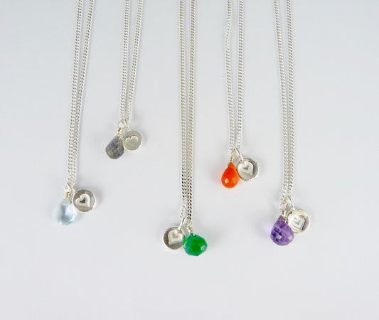 Silver Stamped Heart and Gemstone Necklace