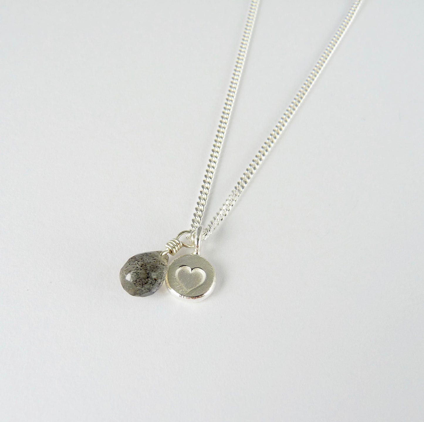 Silver Stamped Heart and Gemstone Necklace