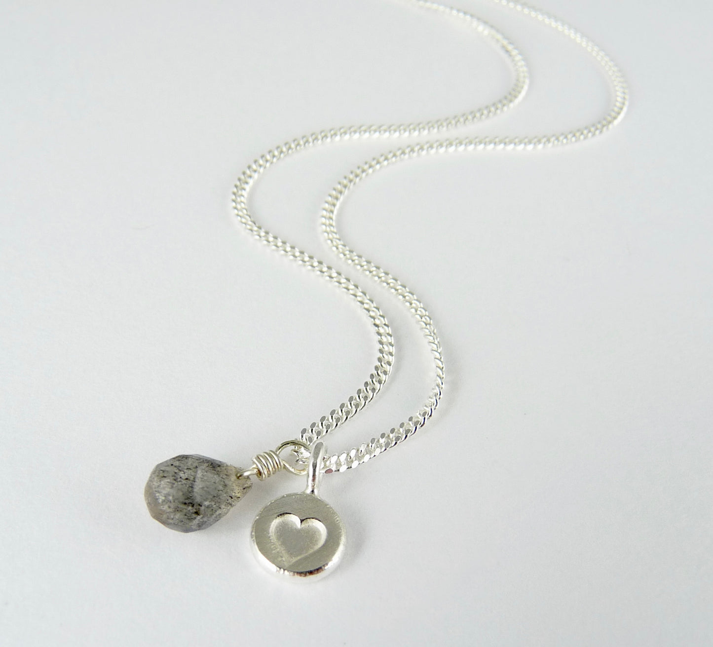 Silver Stamped Heart and Gemstone Necklace