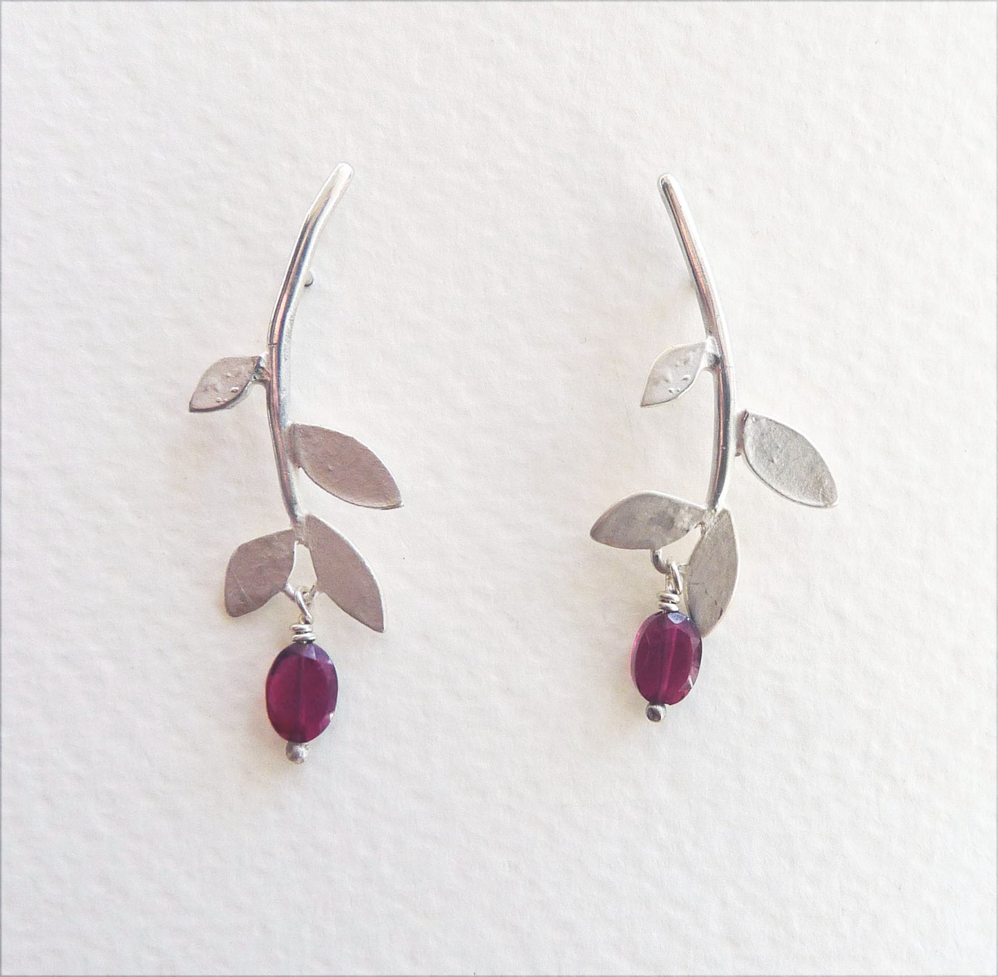 Blossoming, branch, jewellery, jewelry, earrings, studs, sterling, silver, nature, natural, leaf, leaves, peridot, rose, quartz, garnet