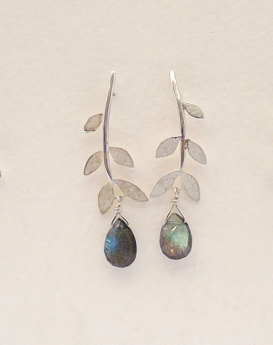 Blossoming, branch, jewellery, leaf, leaves, jewelry, earrings, studs, sterling, silver, nature, natural, labradorite