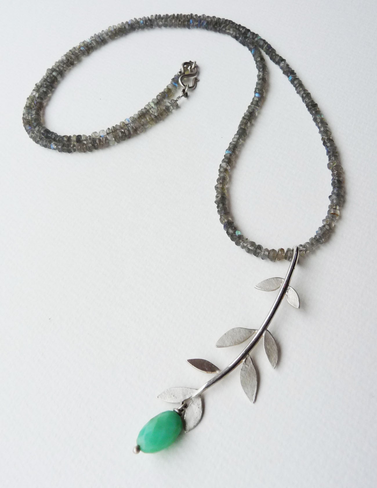blossoming, branch, sterling, silver, necklace, handmade, jewellery, jewelry, leaf, leaves, labradorite, chrysoprase, long, nature, natural