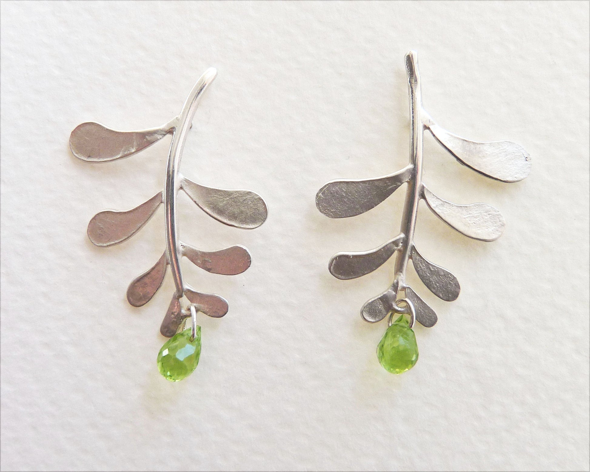 Blossoming, branch, jewellery, jewelry, earrings, studs, sterling, silver, nature, natural, chrysoprase, garnet, peridot