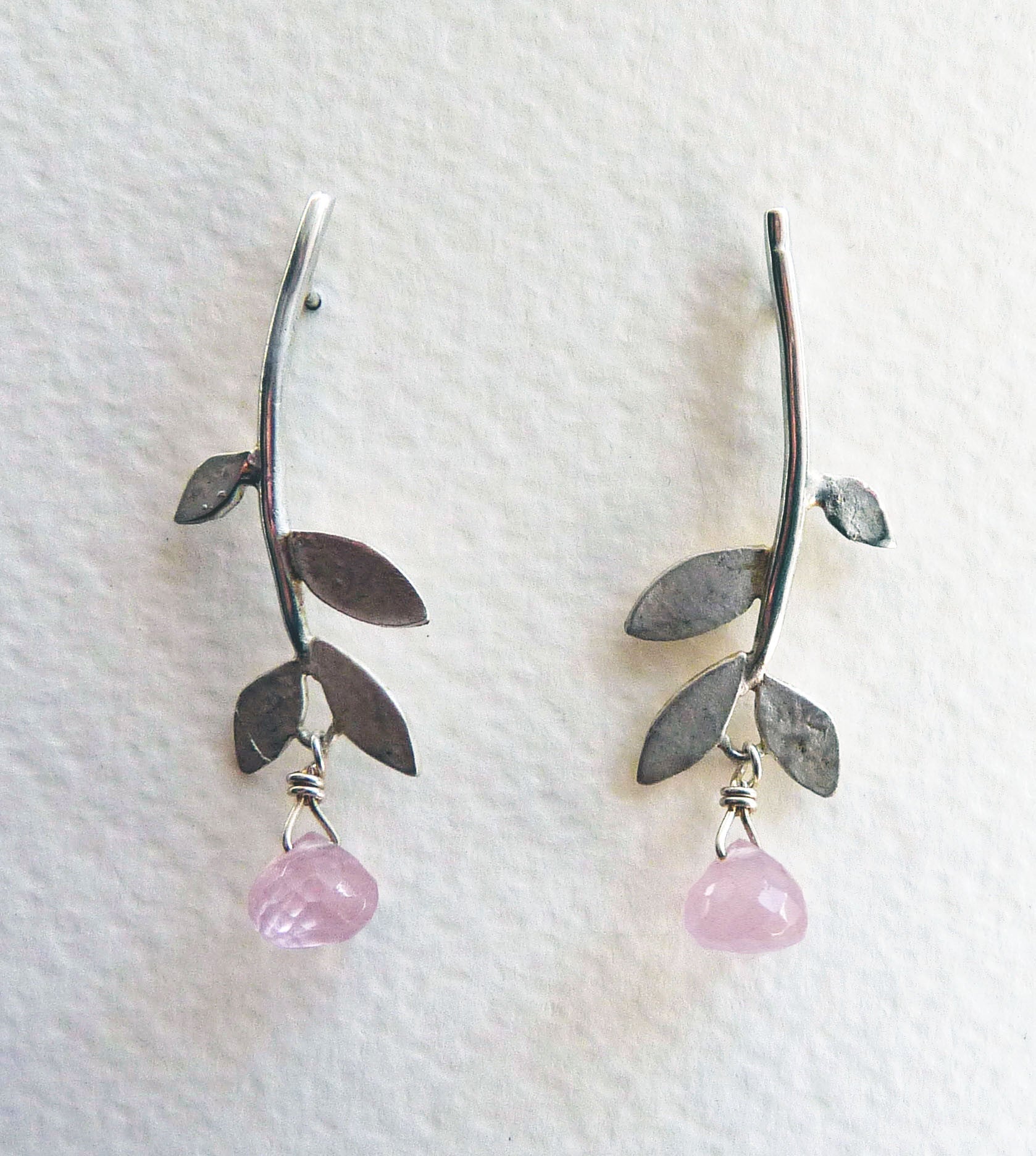 Blossoming, branch, jewellery, jewelry, earrings, studs, sterling, silver, nature, natural, leaf, leaves, peridot, rose, quartz, garnet